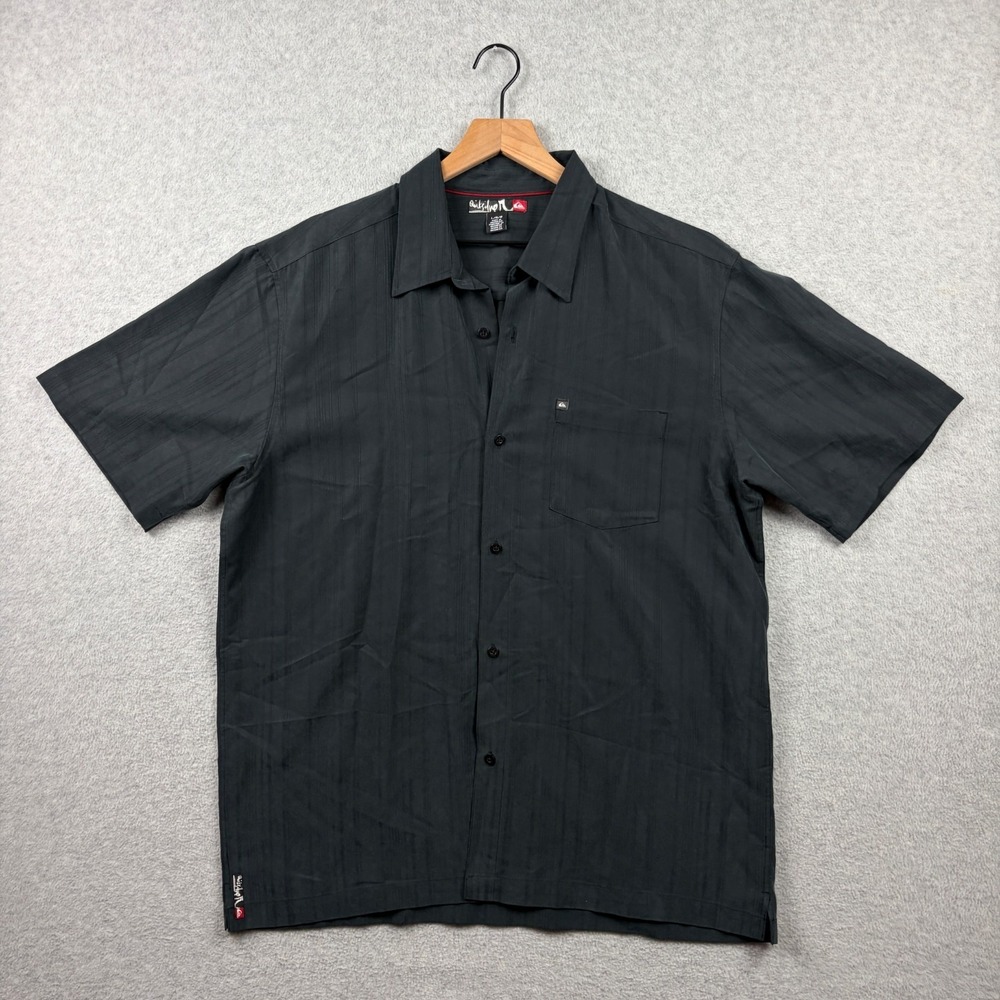 Quiksilver Shirt Mens Large Black Rayon Blend Camp Surf Beach Casual Button Up